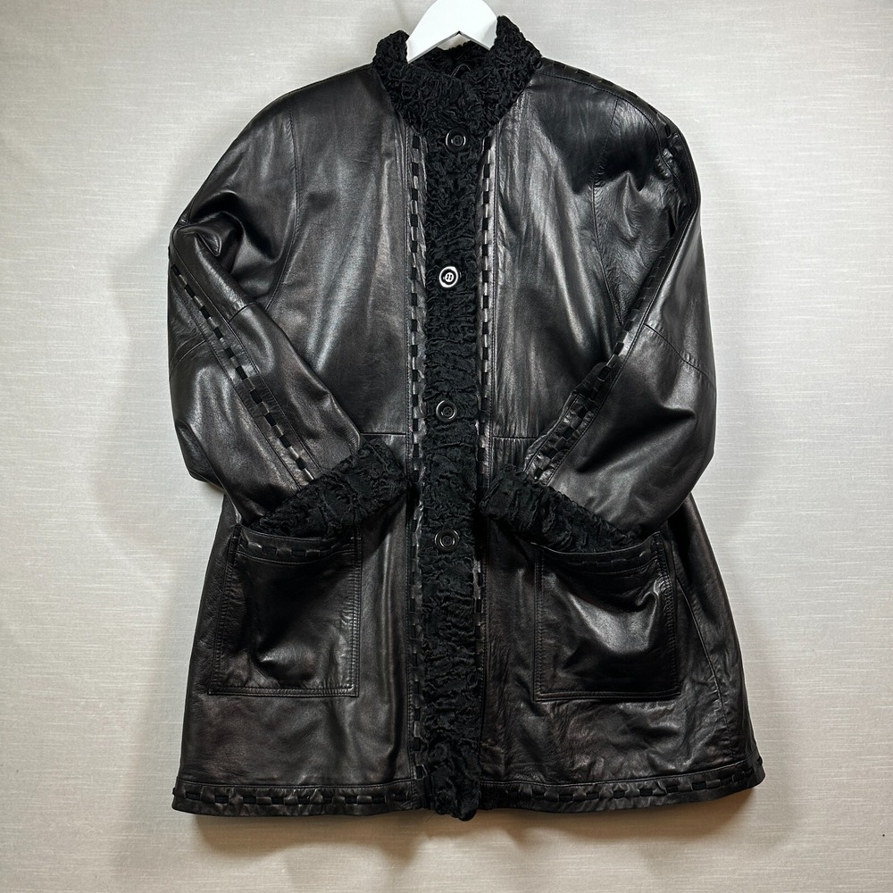 Chosen Couture Leather Coat Womans M 90s Y2K Goth Grunge Shaggy Fur Mob Wife